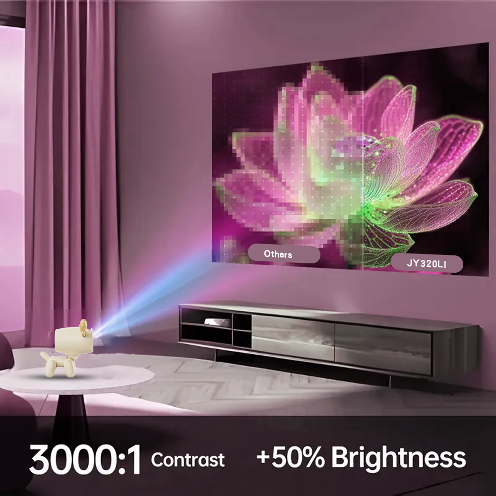 Front view of Y320LI mini projector designed like a cute puppy, showcasing a beige body with floppy ears, perfect for kids and family use